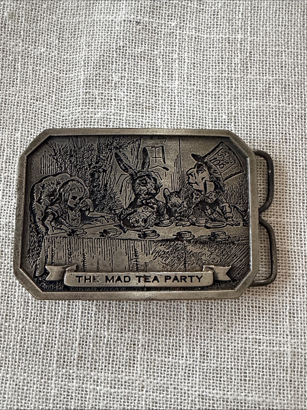 Vintage Bergamot Brass Works Mad Tea Party Metal Belt Buckle - 1974 w/ inscribed